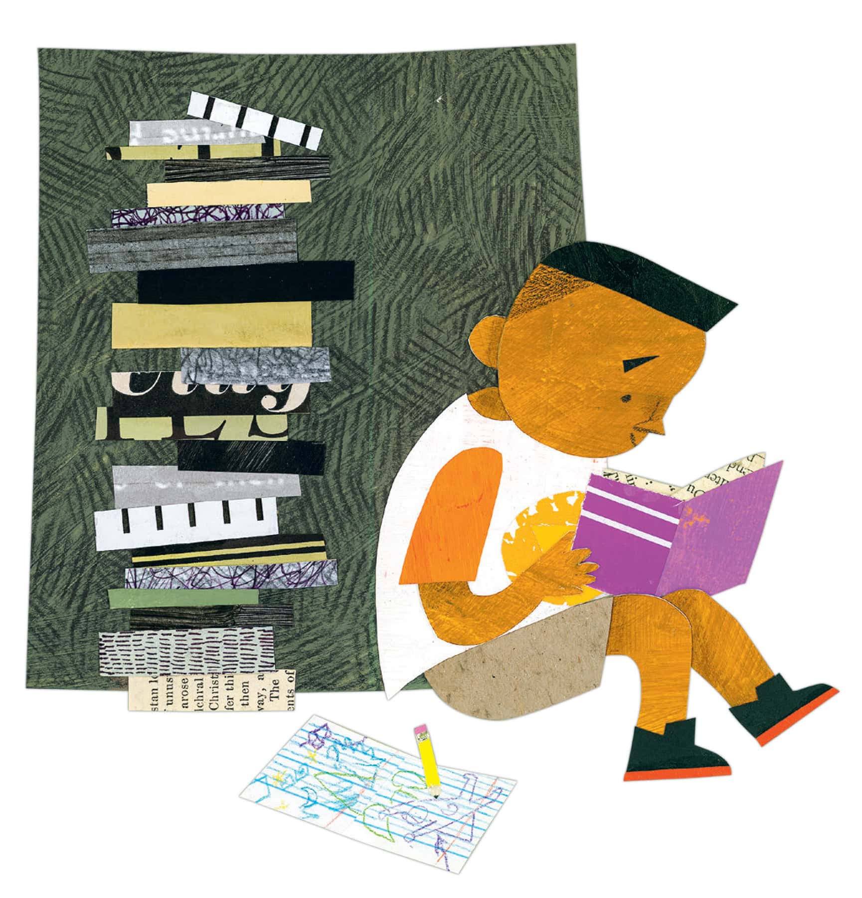 An illustration of a child sitting on the floor reading a purple book, with a crayon drawing and crayon nearby. Behind the child is a large stack of books against a green patterned background.