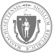The seal of Massachusetts featuring a Native American holding a bow and arrow, a star above his right shoulder, and a hand holding a sword above the shield, surrounded by Latin text.