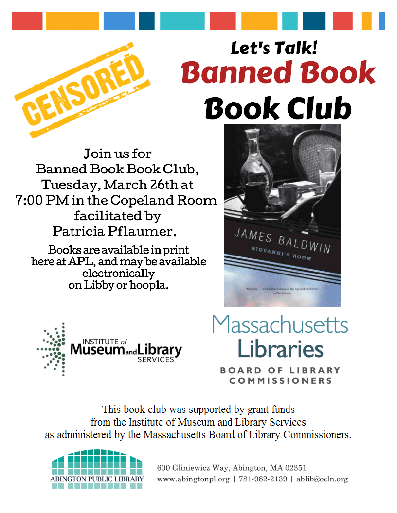 Flyer for “Let’s Talk! Banned Book Club” featuring a “Censored” stamp, the book “Giovanni’s Room” by James Baldwin, event details for March 26th at 7 PM, and logos of related library organizations.