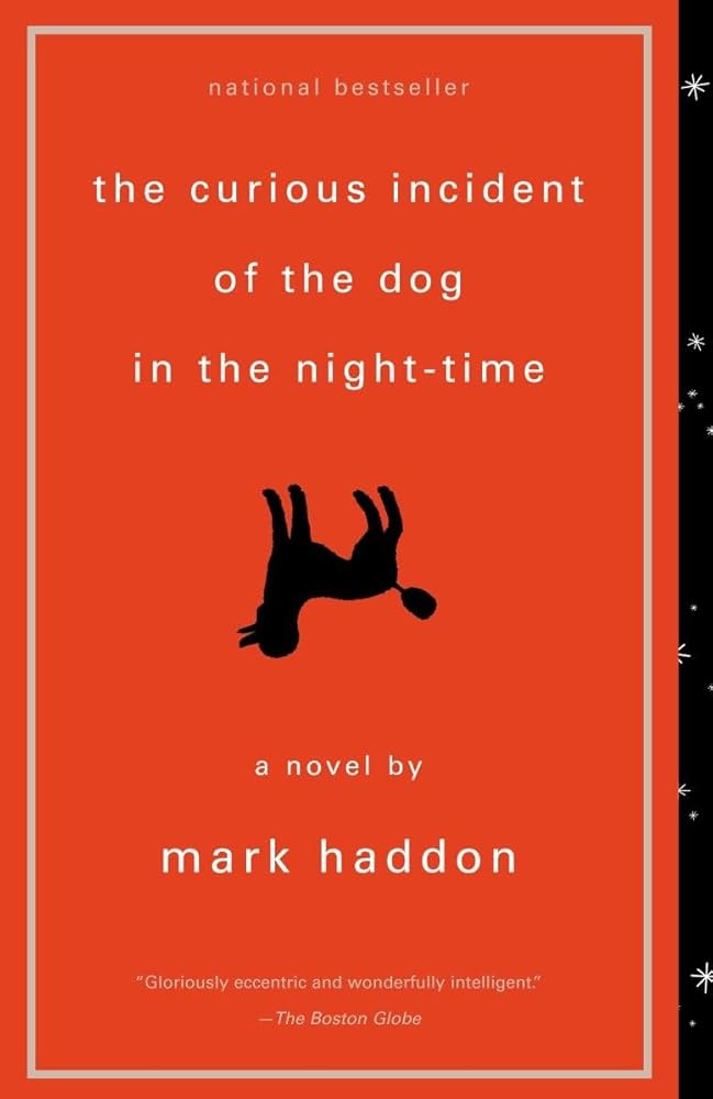 Book cover for the curious incident of the dog in the night-time by Mark Haddon. Published . Updised down black dog on cover. 