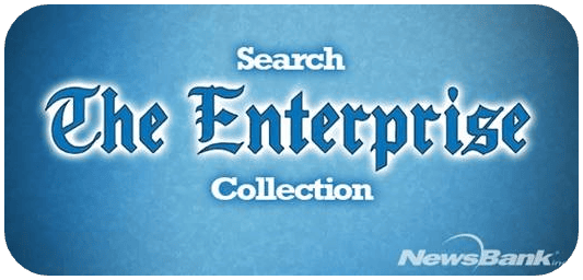 Blue image with white text that says Search The Enterprise Collection. The word Enterprise is in a large, ornate font. The NewsBank logo appears in the lower right corner.