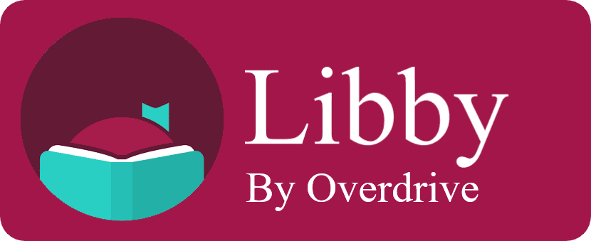 Libby by Overdrive logo featuring an open book with a maroon background and the text Libby By Overdrive in white.