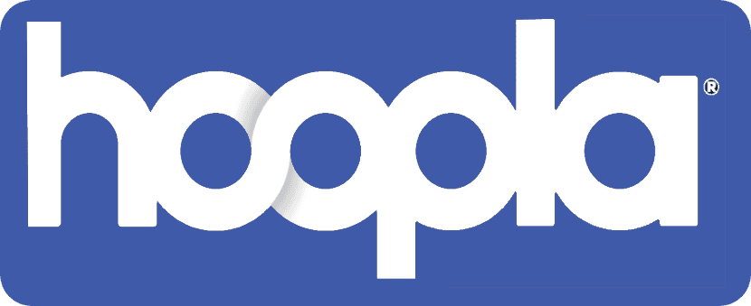 The image shows the white hoopla logo in lowercase letters on a blue rectangular background.
