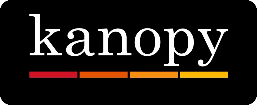 Kanopy logo with the word kanopy in lowercase white letters on a black background, above five horizontal bars in shades of red, orange, and yellow.