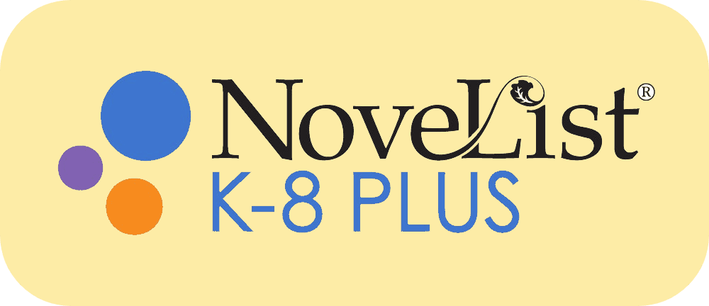 Logo for NoveList K-8 Plus with three overlapping circles in blue, purple, and orange on a yellow background. The text NoveList K-8 PLUS is displayed, with a silhouette of a reader in the letter L.