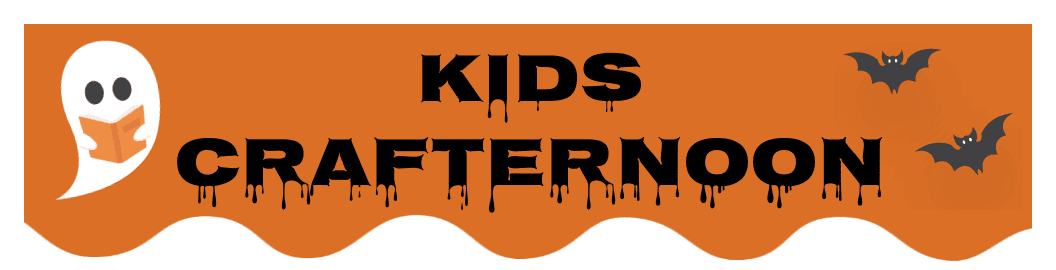 kids crafternoon. Halloween themed font on a orange background with a ghost reading a book icon and two small bat icons