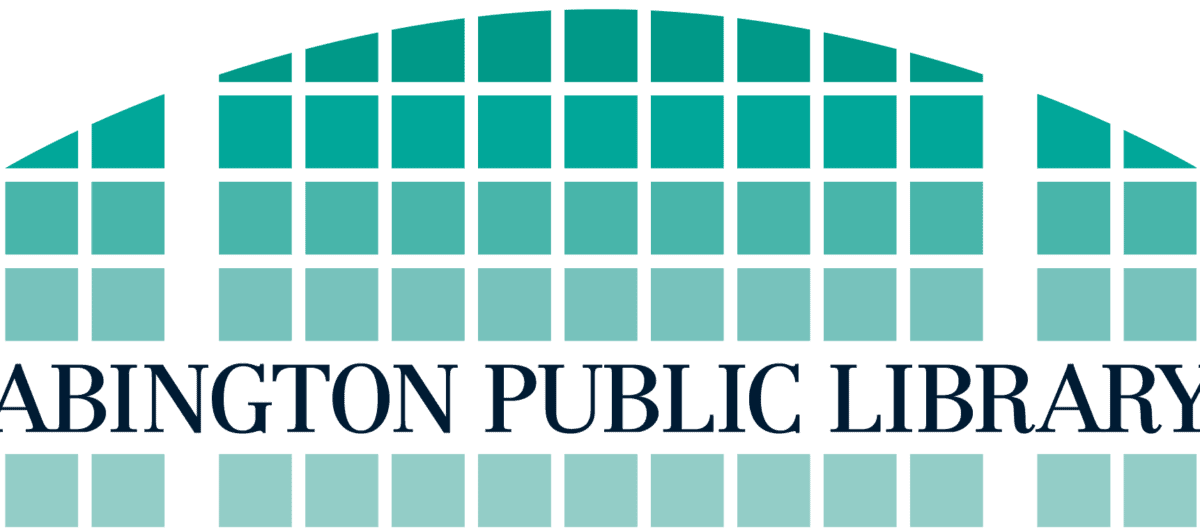 Stylized illustration of a curved grid of teal squares above the text ABINGTON PUBLIC LIBRARY in large, dark blue capital letters.