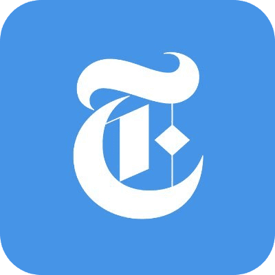 The image shows a white, stylized T logo on a blue square background with rounded corners.
