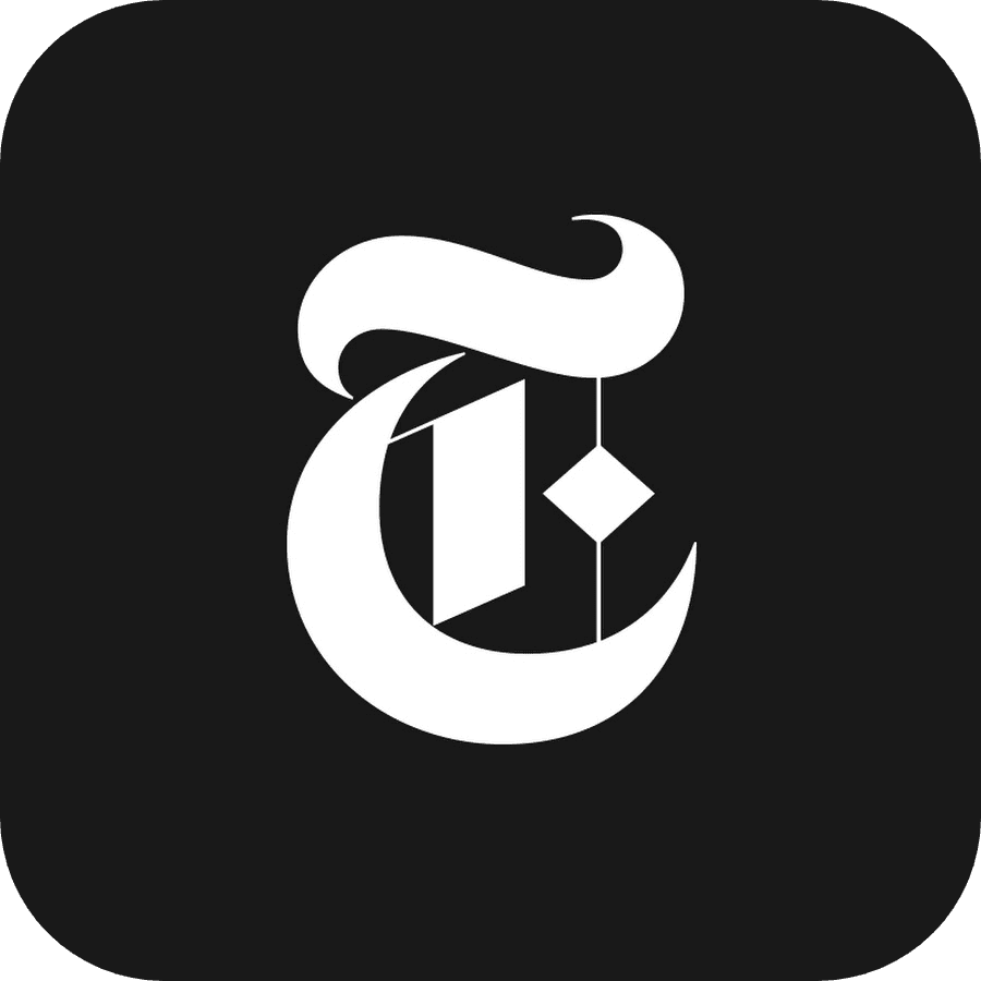 White stylized T logo on a black rounded square background, representing The New York Times.