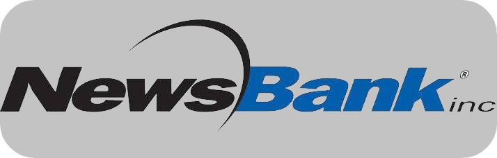 Logo for NewsBank, inc. featuring the word NewsBank with News in black and Bank in blue, a curved black arc above the text, and inc. in smaller black text on the right, all on a gray rounded rectangle background.