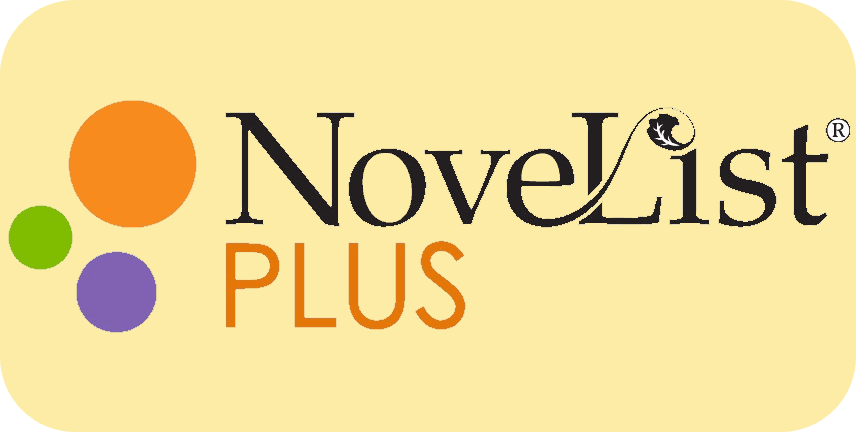 Logo for NoveList Plus featuring the text “NoveList” with a black stylized font and a small silhouette of a person reading on the letter L, and “PLUS” in bold orange. Three colored circles are on the left.