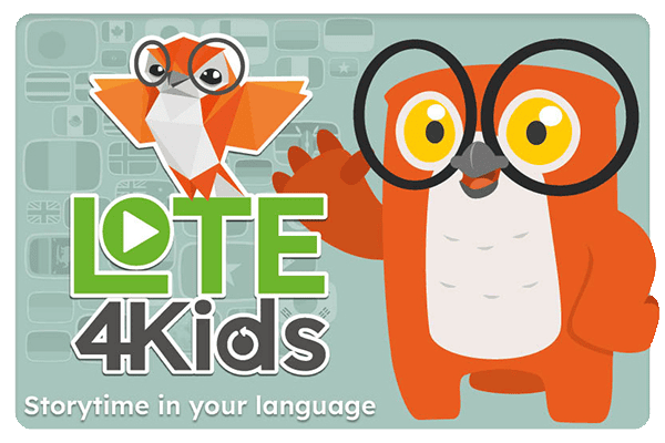 Cartoon orange owl and origami bird with glasses, next to text that reads LOTE 4 Kids: Storytime in your language, with a play button in the logo. Background features faded flag designs.