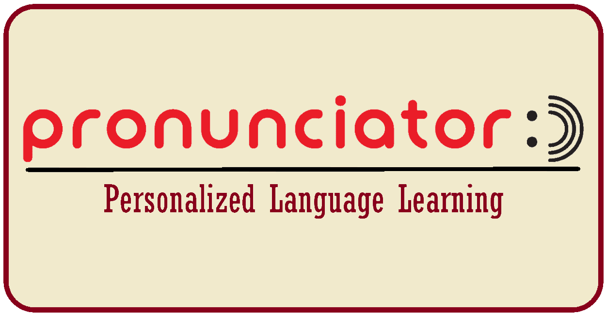 Logo for Pronunciator, featuring the brand name in red lowercase letters with a sound wave icon, and the tagline Personalized Language Learning below in stylized dark red text.